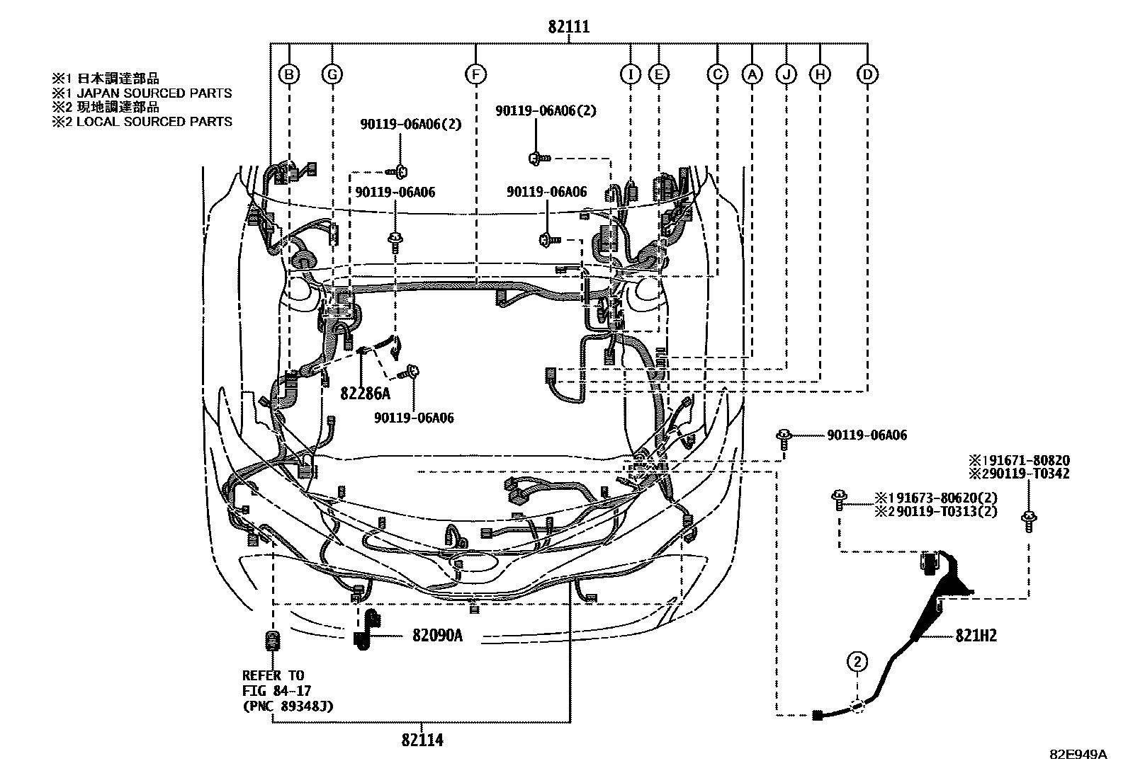 Toyota CAMRY 线束和卡夹 EPC diagram — 82E949A