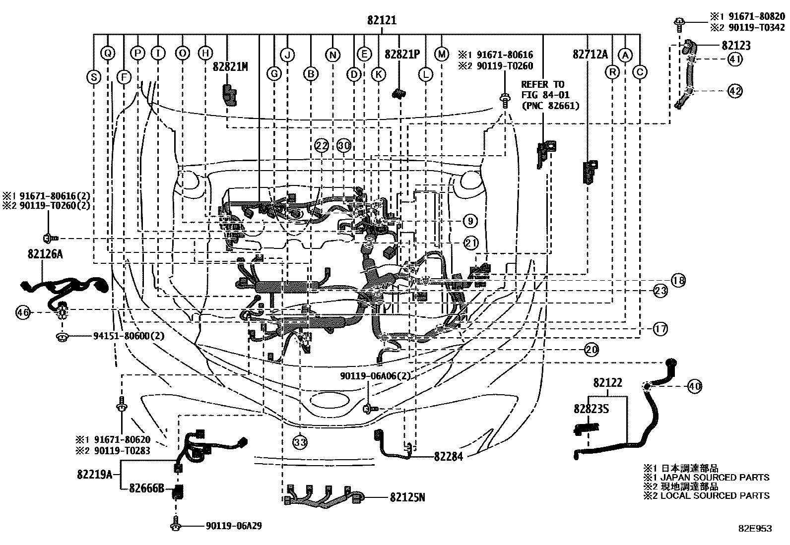Toyota CAMRY 线束和卡夹 EPC diagram — 82E953