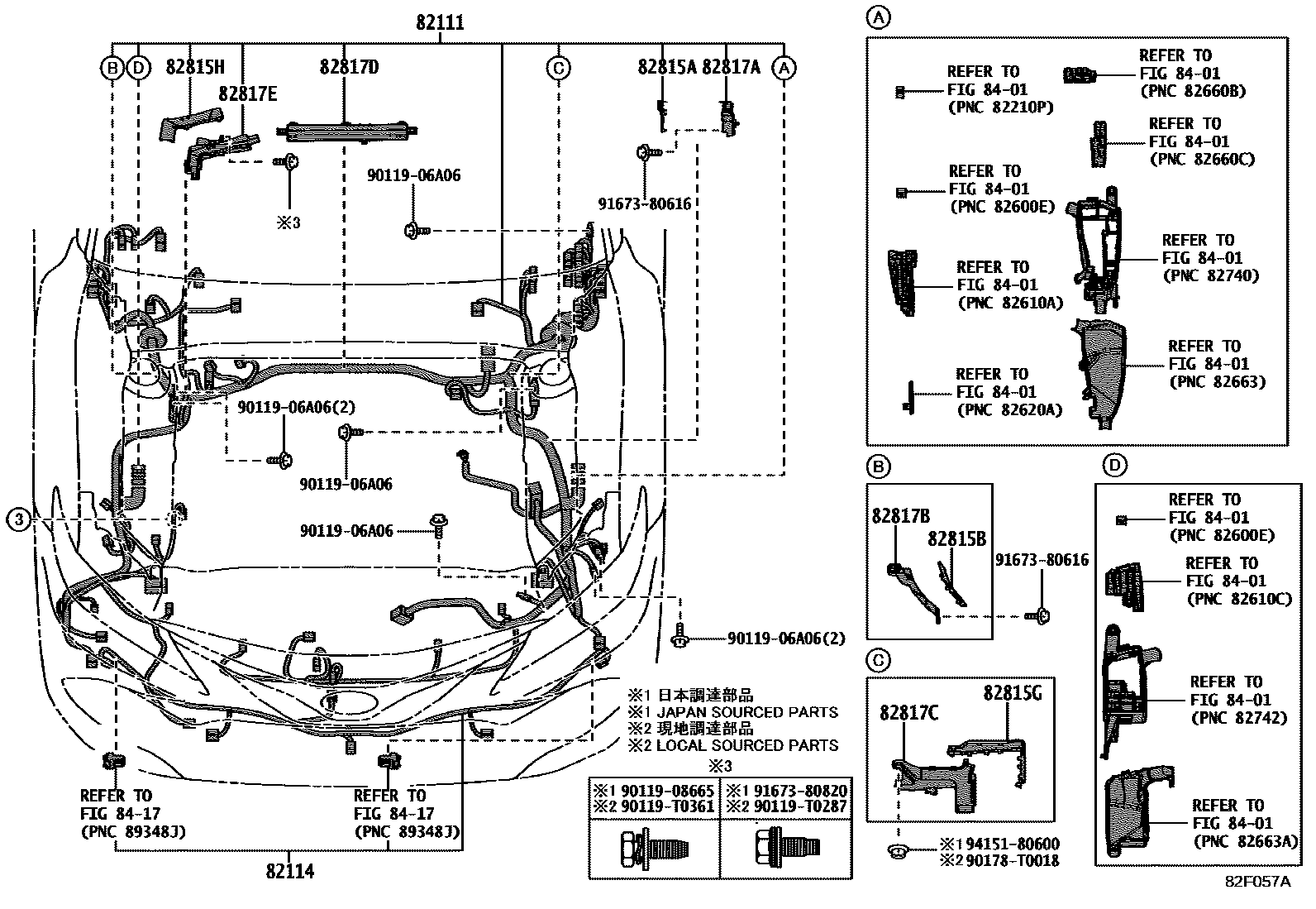 Toyota CAMRY 线束和卡夹 EPC diagram — 82F057A