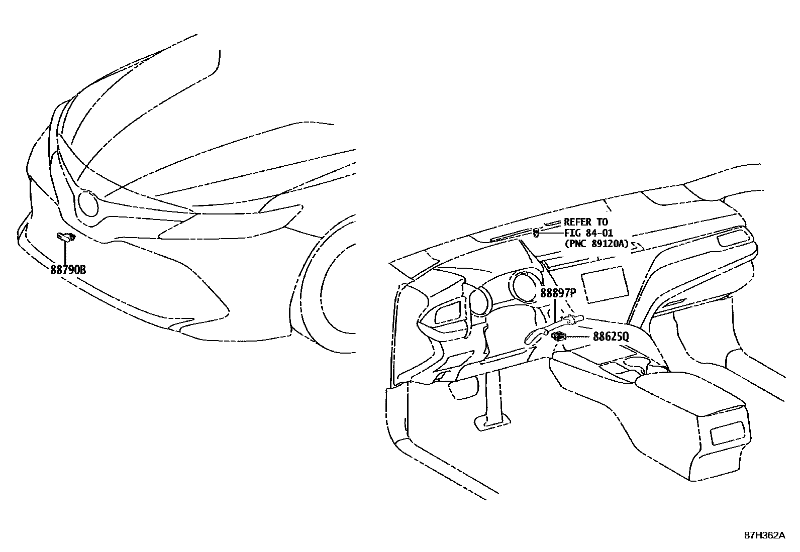 Toyota CAMRY 暖风和空调系统 - 控制器和风管 EPC diagram — 87H362A
