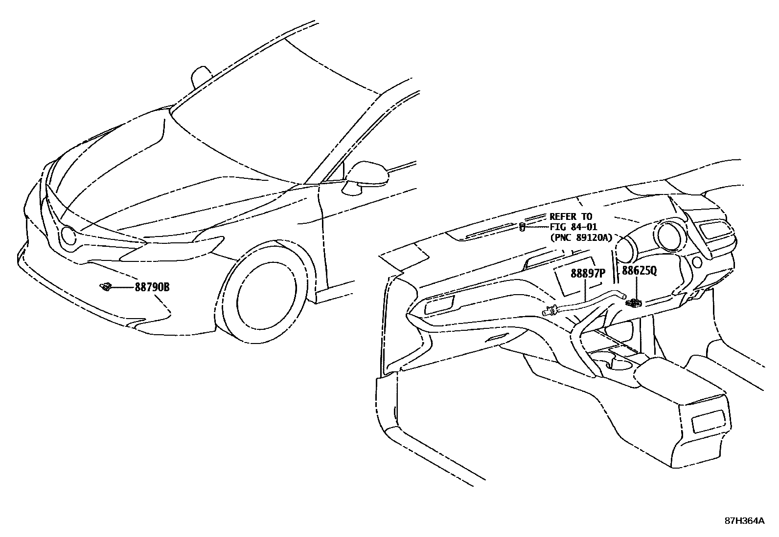 Toyota CAMRY 暖风和空调系统 - 控制器和风管 EPC diagram — 87H364A