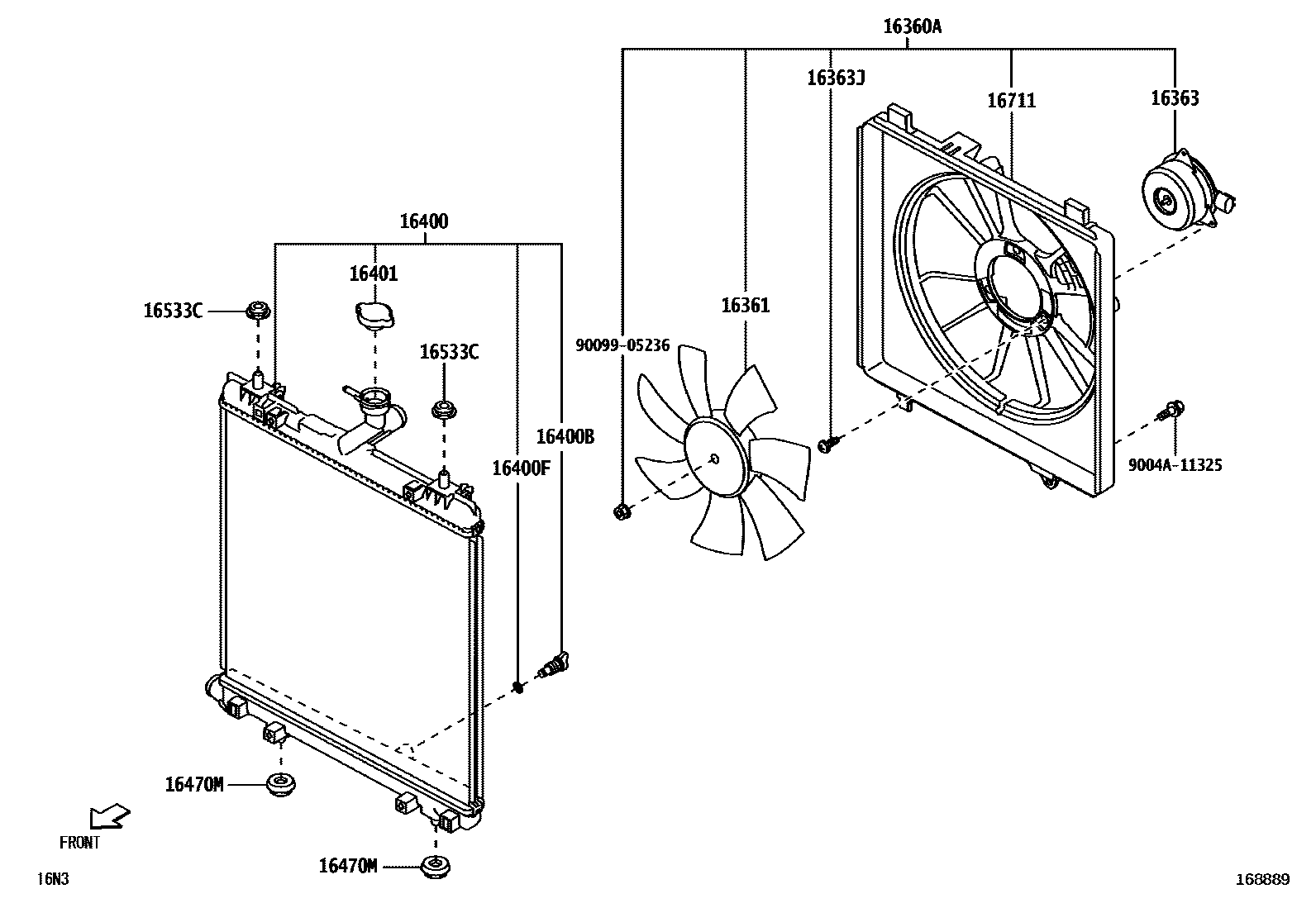 Toyota YARIS RADIATOR & WATER OUTLET EPC diagram — 168889