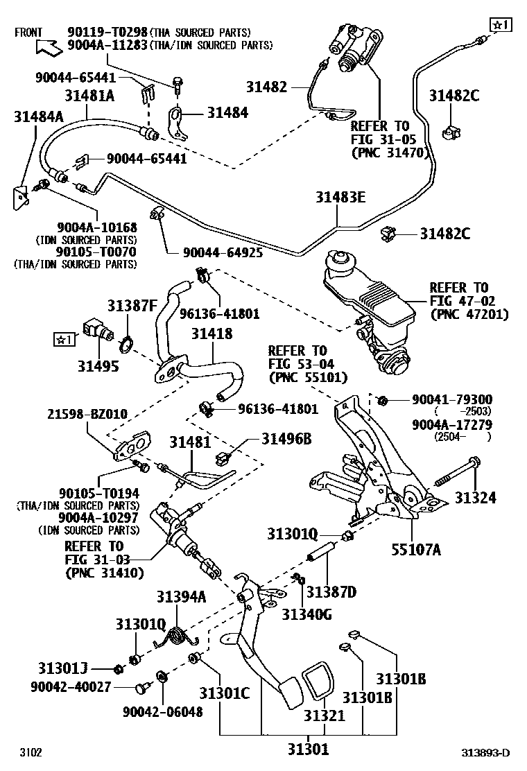 Toyota YARIS 离合器踏板和挠性软管 EPC diagram — 313893D