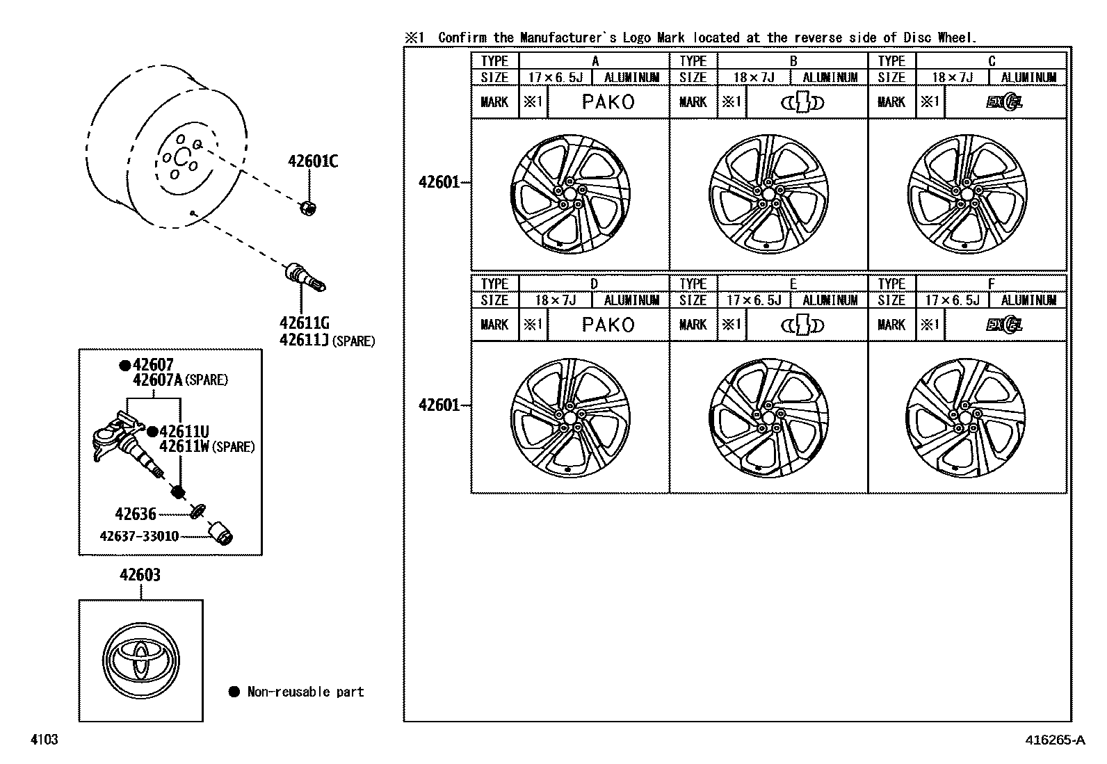 Toyota YARIS 车轮和车轮盖 EPC diagram — 416265A