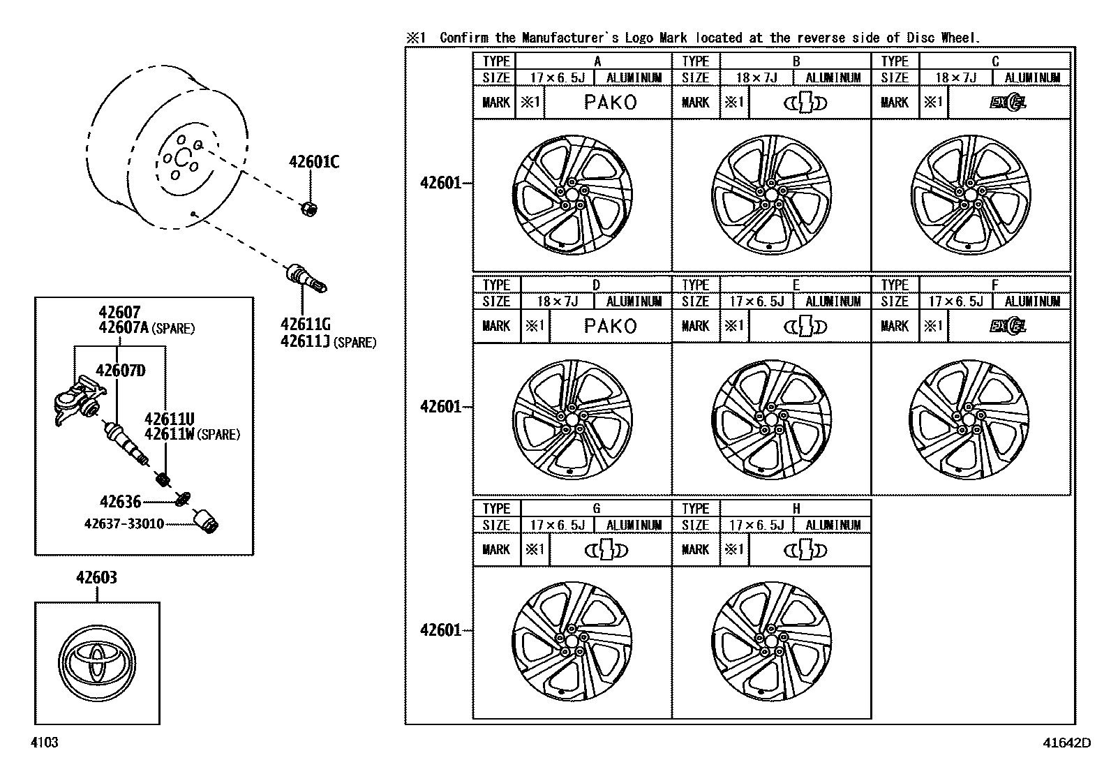Toyota YARIS 车轮和车轮盖 EPC diagram — 41642D