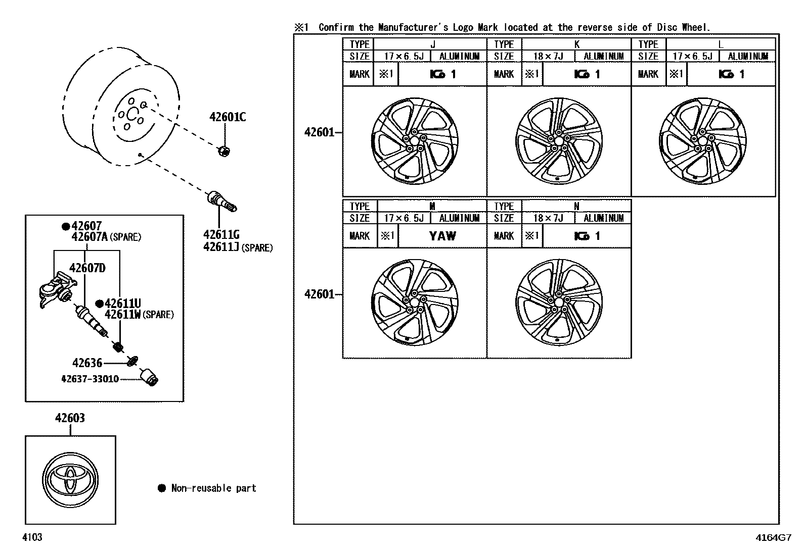 Toyota YARIS 车轮和车轮盖 EPC diagram — 4164G7