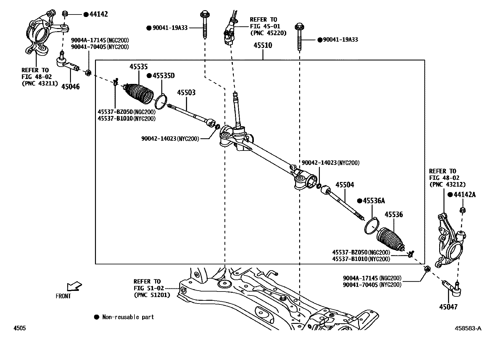Toyota YARIS 前转向齿轮和连杆 EPC diagram — 458583A