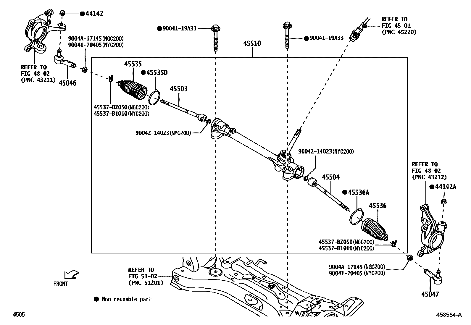 Toyota YARIS 前转向齿轮和连杆 EPC diagram — 458584A