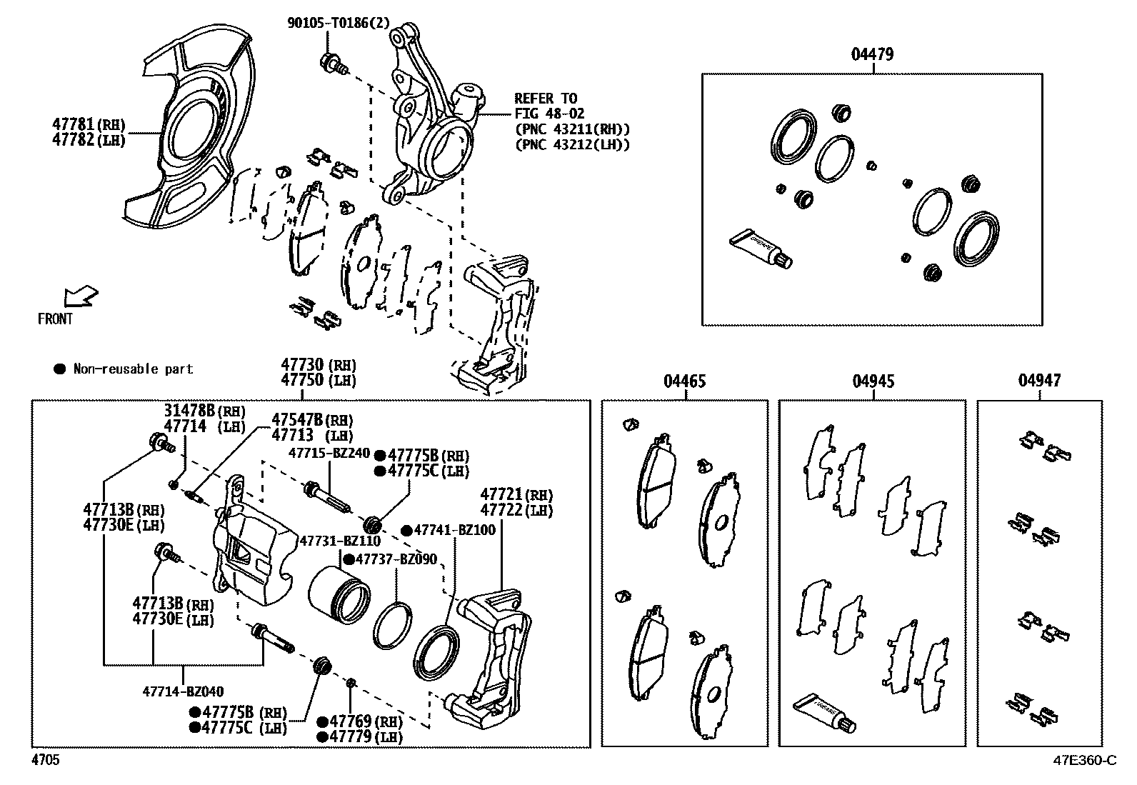 Toyota YARIS 前盘式制动器卡钳和防尘罩 EPC diagram — 47E360C