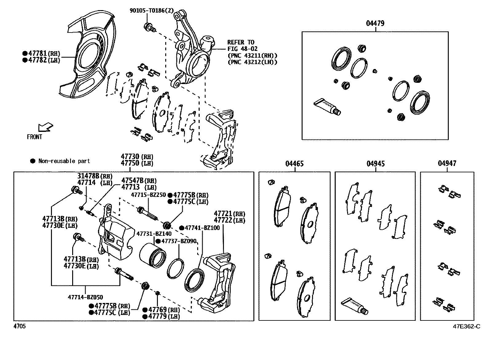Toyota YARIS 前盘式制动器卡钳和防尘罩 EPC diagram — 47E362C