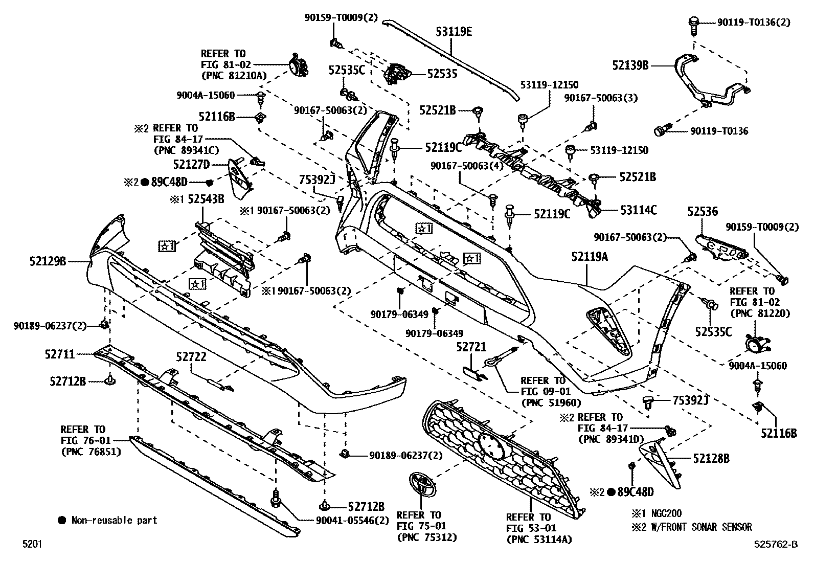 Toyota YARIS 前保险杠及附件 EPC diagram — 525762B