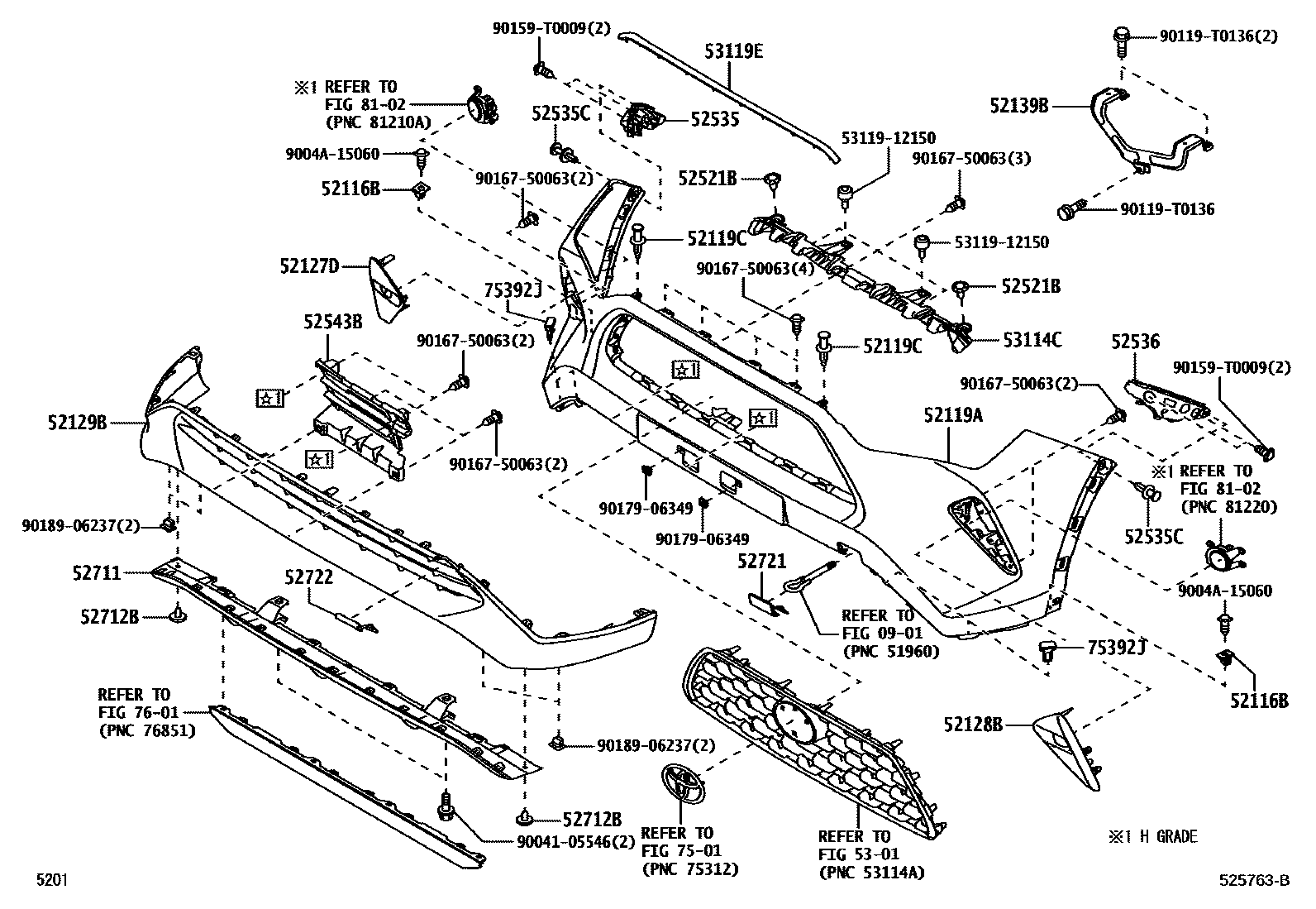 Toyota YARIS 前保险杠及附件 EPC diagram — 525763B