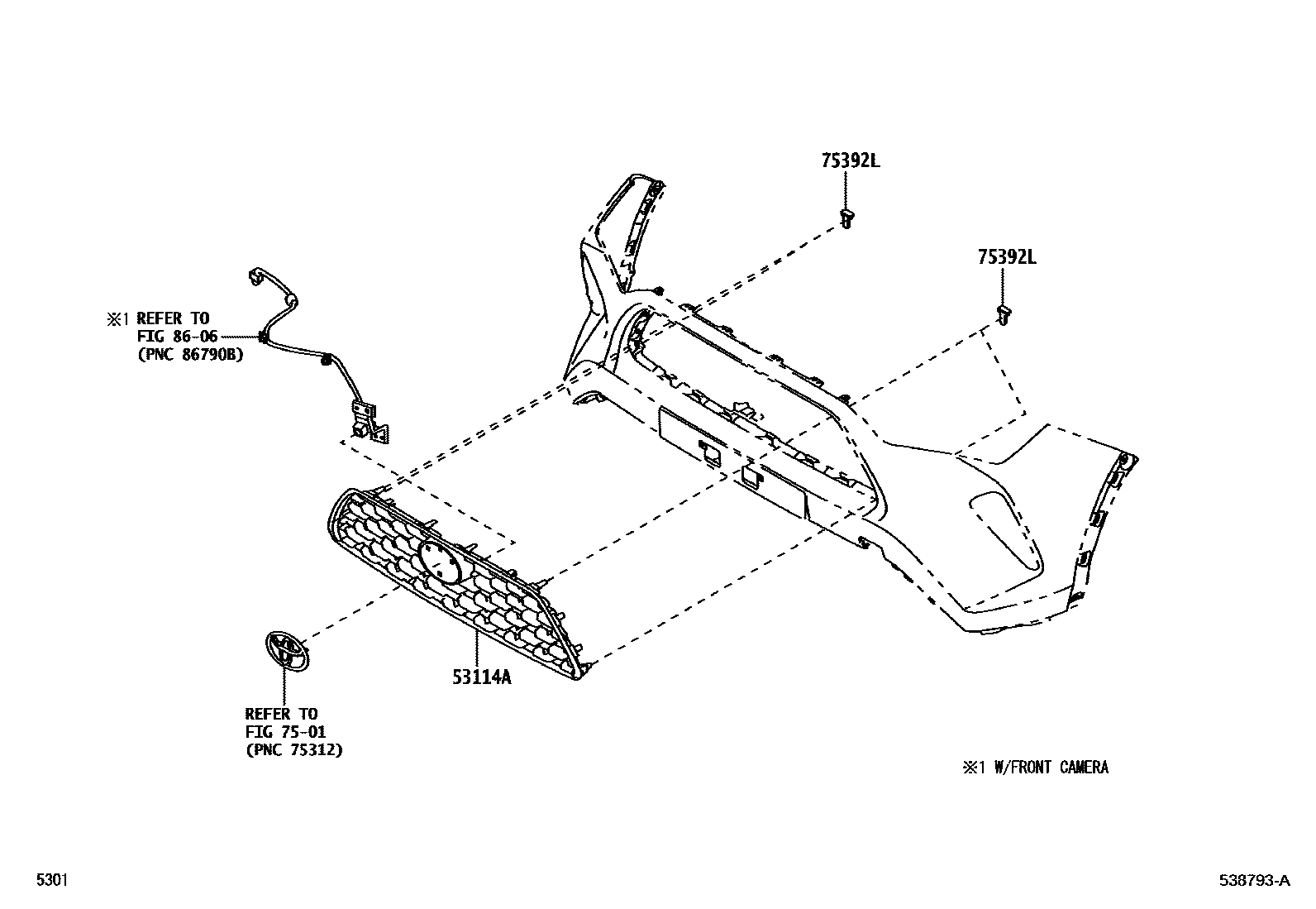 Toyota YARIS radiator grille EPC diagram — 538793A