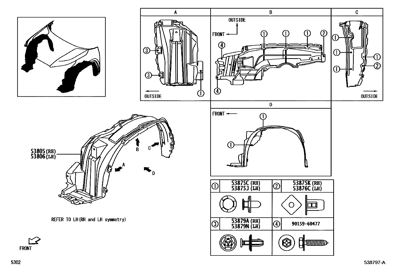 Toyota YARIS 发动机盖和前翼子板 EPC diagram — 538797A