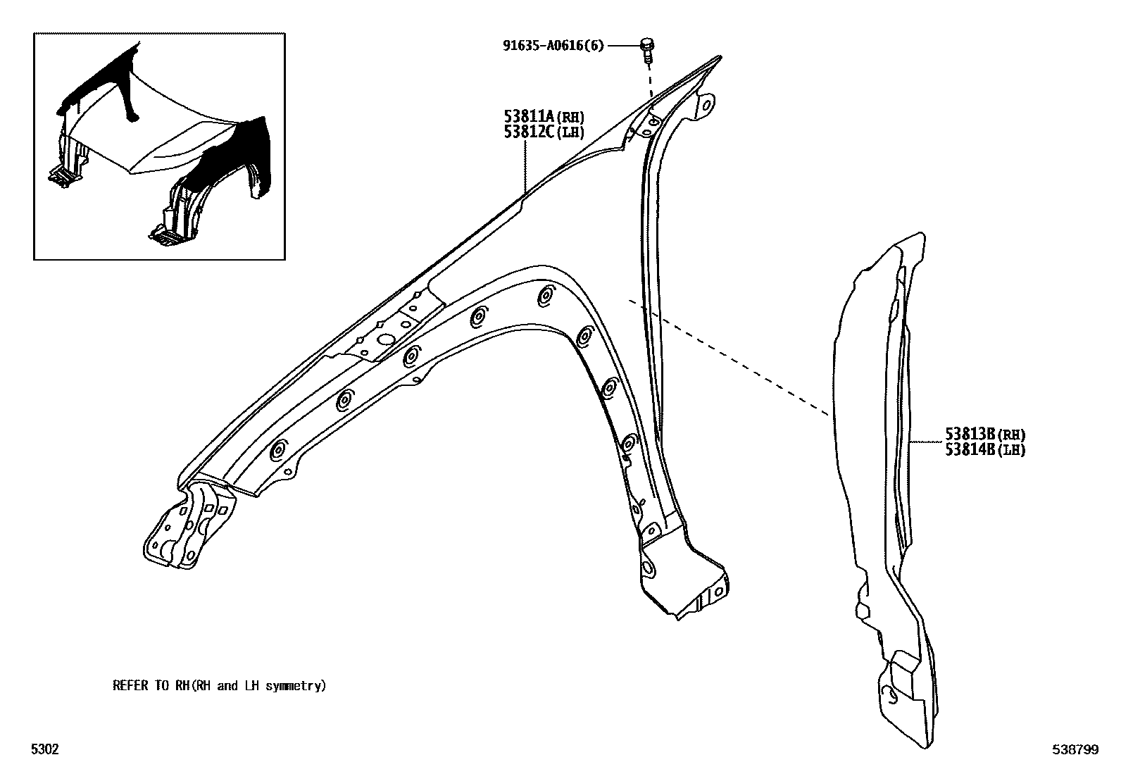 Toyota YARIS 发动机盖和前翼子板 EPC diagram — 538799