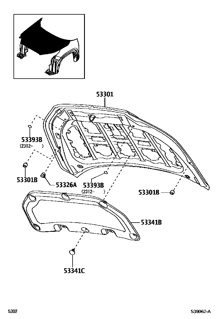 Toyota YARIS 发动机盖和前翼子板 EPC diagram — 539062A