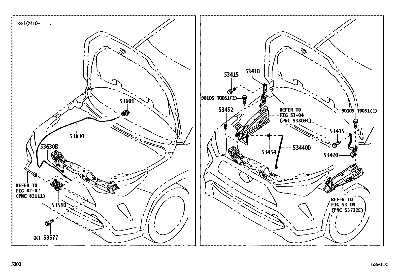 Toyota YARIS 发动机盖锁和铰链 EPC diagram — 5390D0