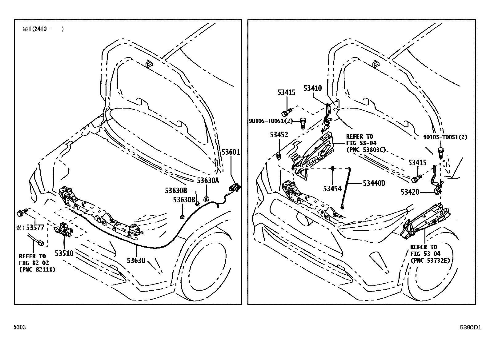 Toyota YARIS 发动机盖锁和铰链 EPC diagram — 5390D1