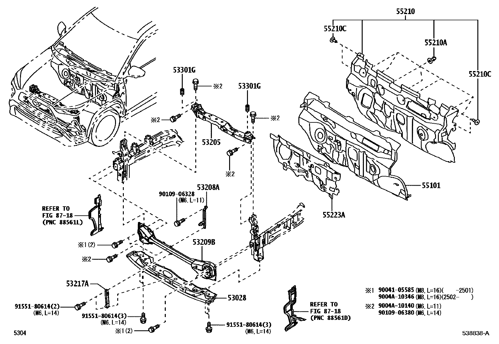 Toyota YARIS 前翼子板挡泥板和前围板 EPC diagram — 538838A