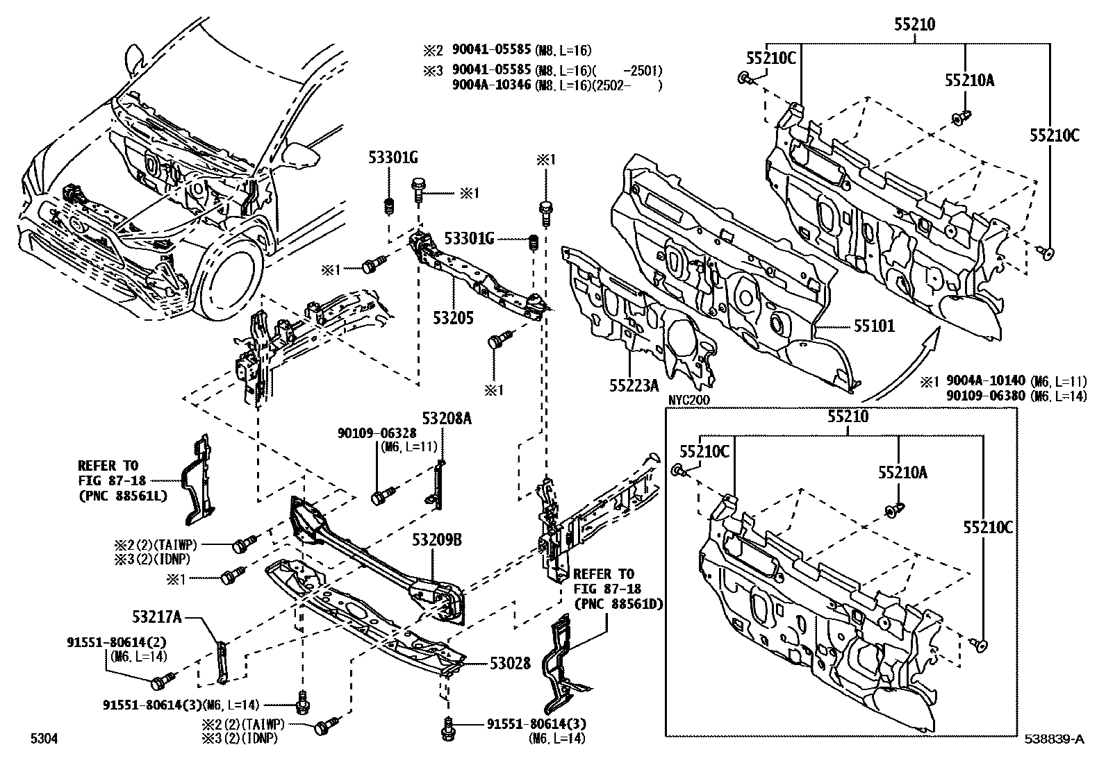 Toyota YARIS 前翼子板挡泥板和前围板 EPC diagram — 538839A