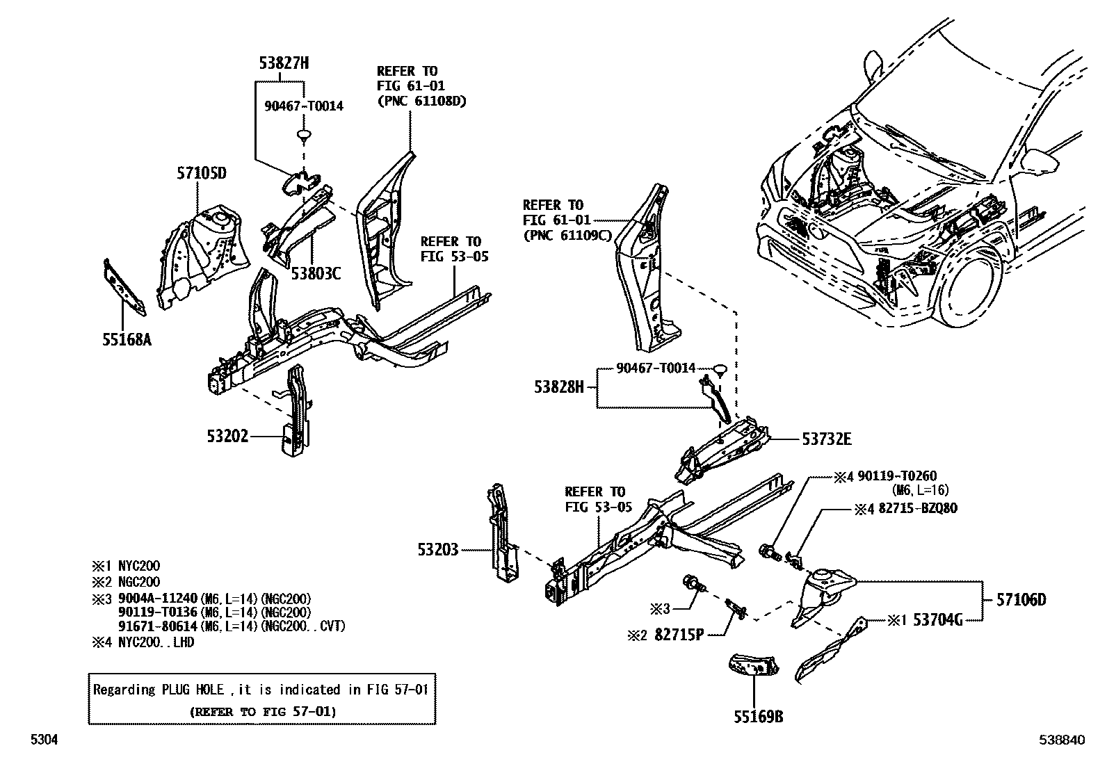 Toyota YARIS 前翼子板挡泥板和前围板 EPC diagram — 538840