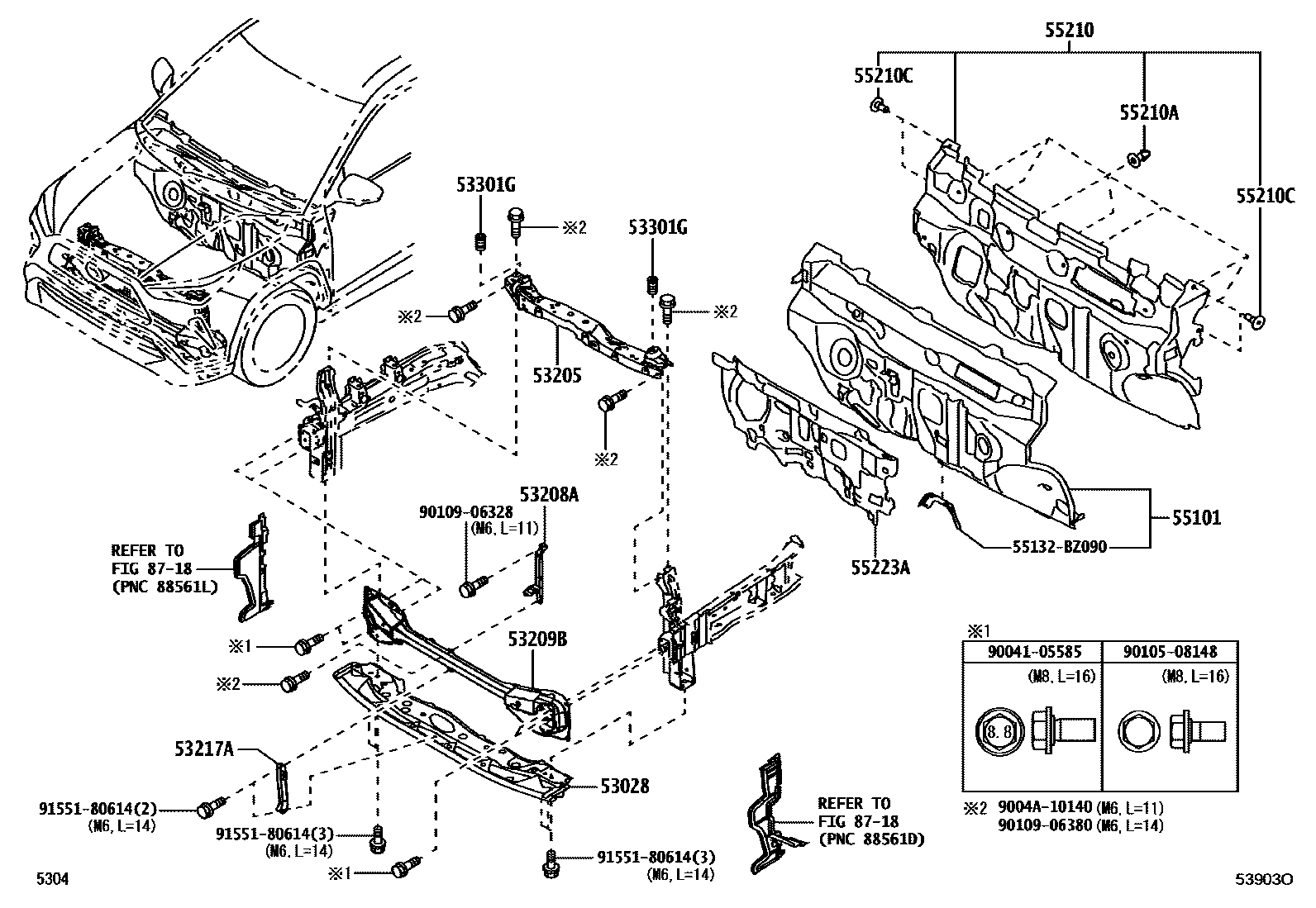 Toyota YARIS 前翼子板挡泥板和前围板 EPC diagram — 53903O