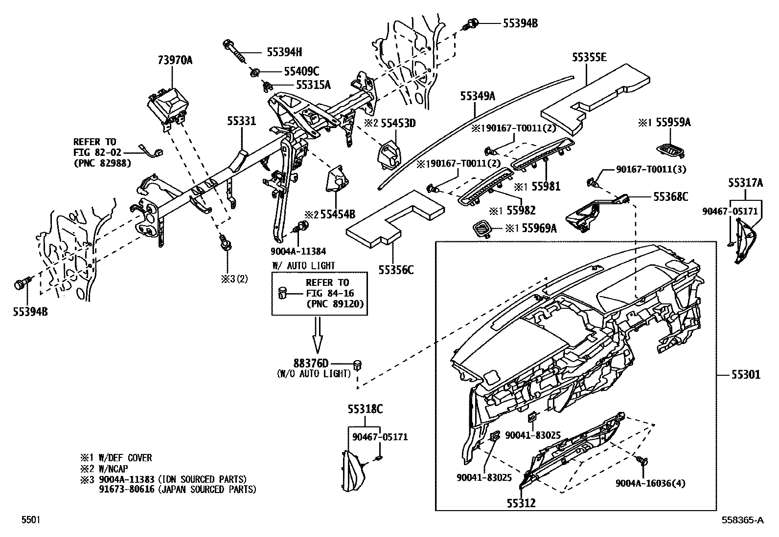 Toyota YARIS 仪表板和手套箱 EPC diagram — 558365A