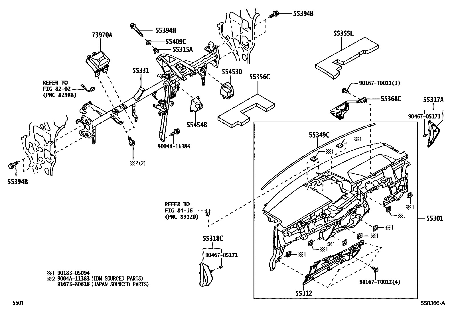 Toyota YARIS 仪表板和手套箱 EPC diagram — 558366A