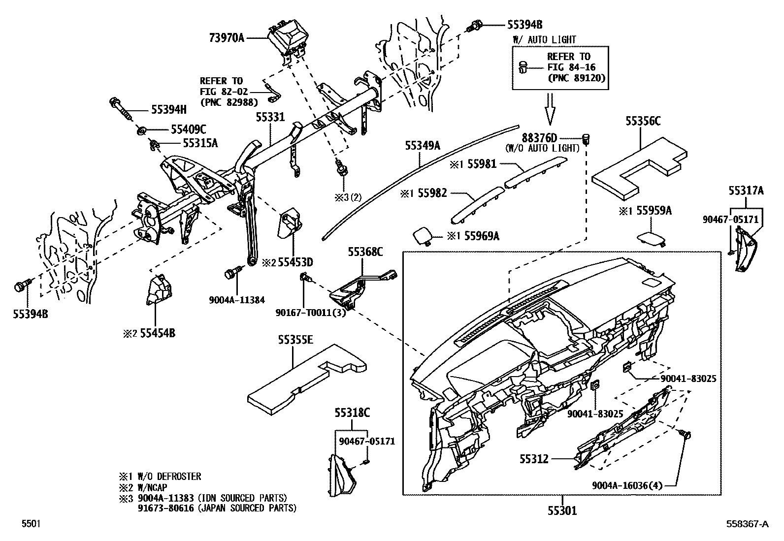 Toyota YARIS 仪表板和手套箱 EPC diagram — 558367A