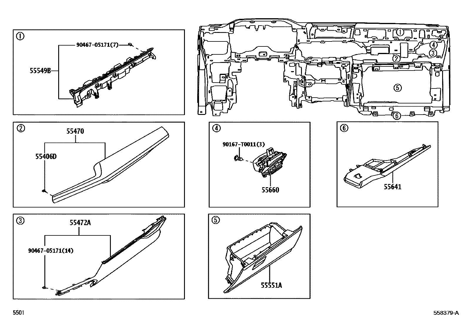 Toyota YARIS 仪表板和手套箱 EPC diagram — 558379A