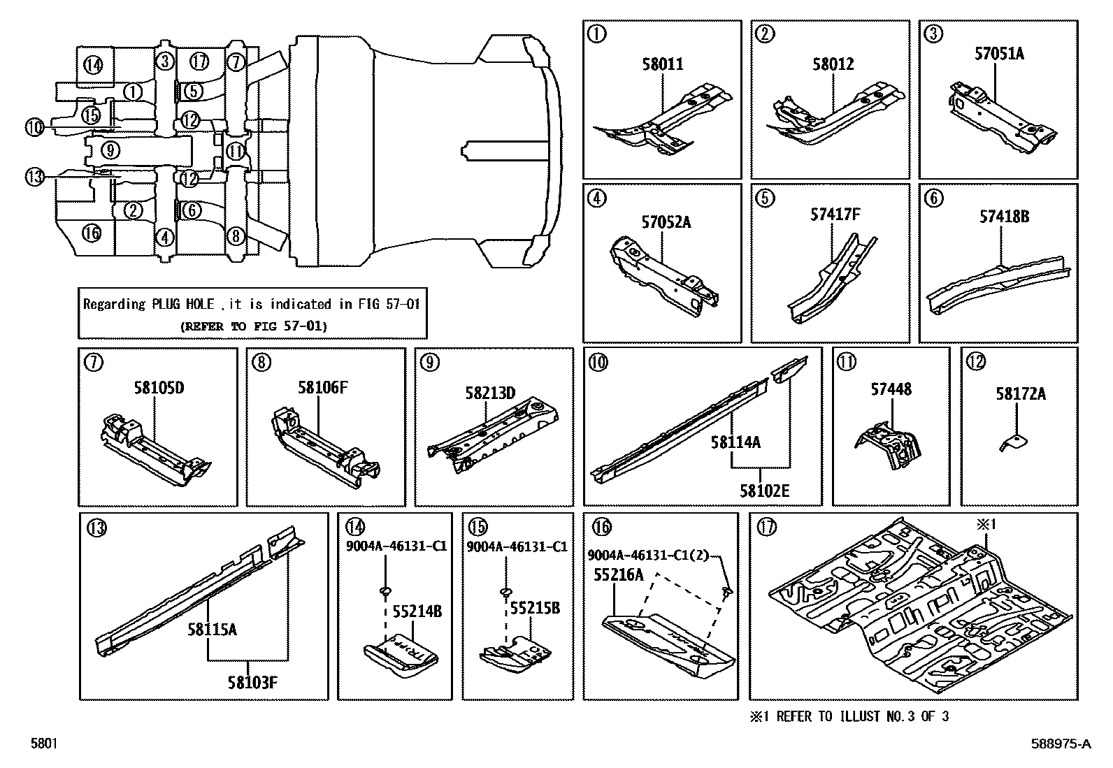Toyota YARIS 浅盘形地板和车身下背板 EPC diagram — 588975A