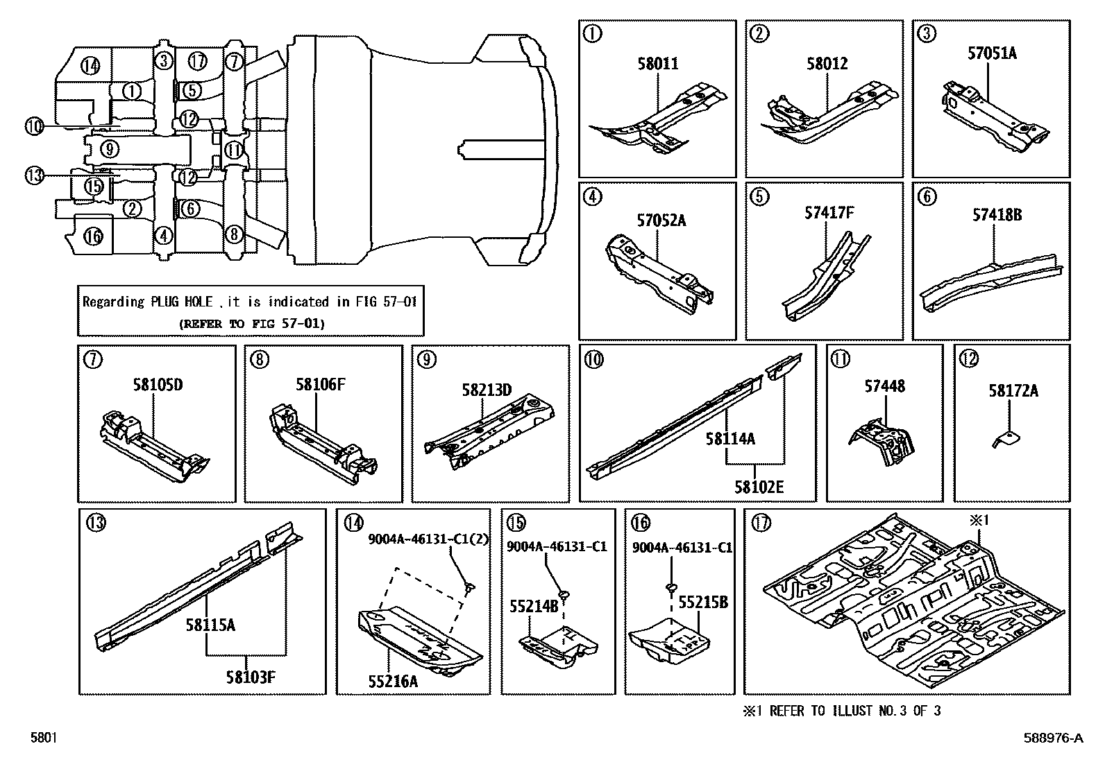 Toyota YARIS 浅盘形地板和车身下背板 EPC diagram — 588976A