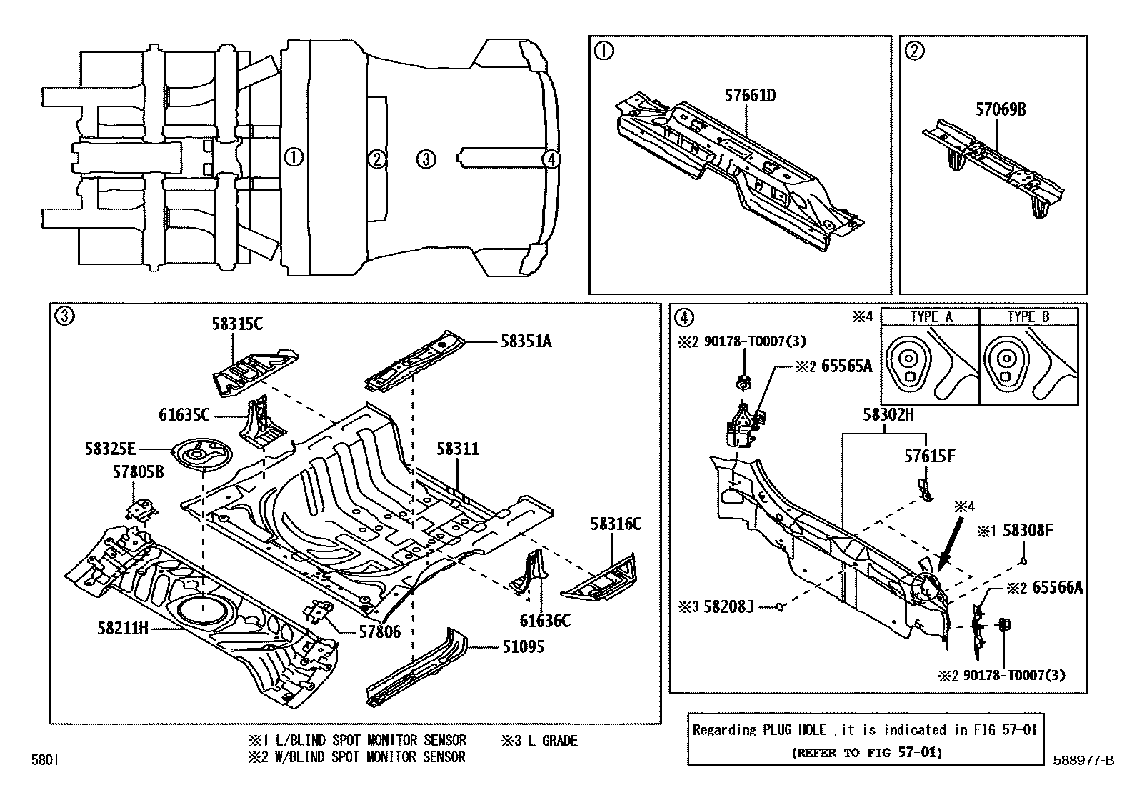 Toyota YARIS 浅盘形地板和车身下背板 EPC diagram — 588977B