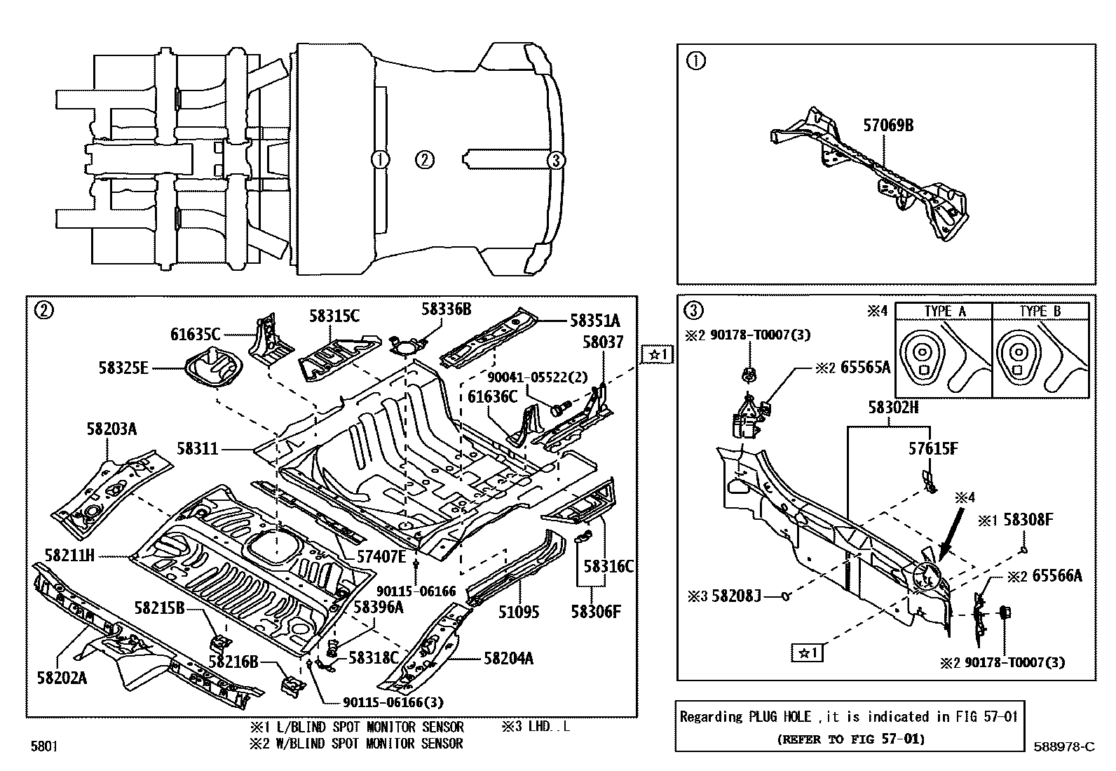 Toyota YARIS 浅盘形地板和车身下背板 EPC diagram — 588978C