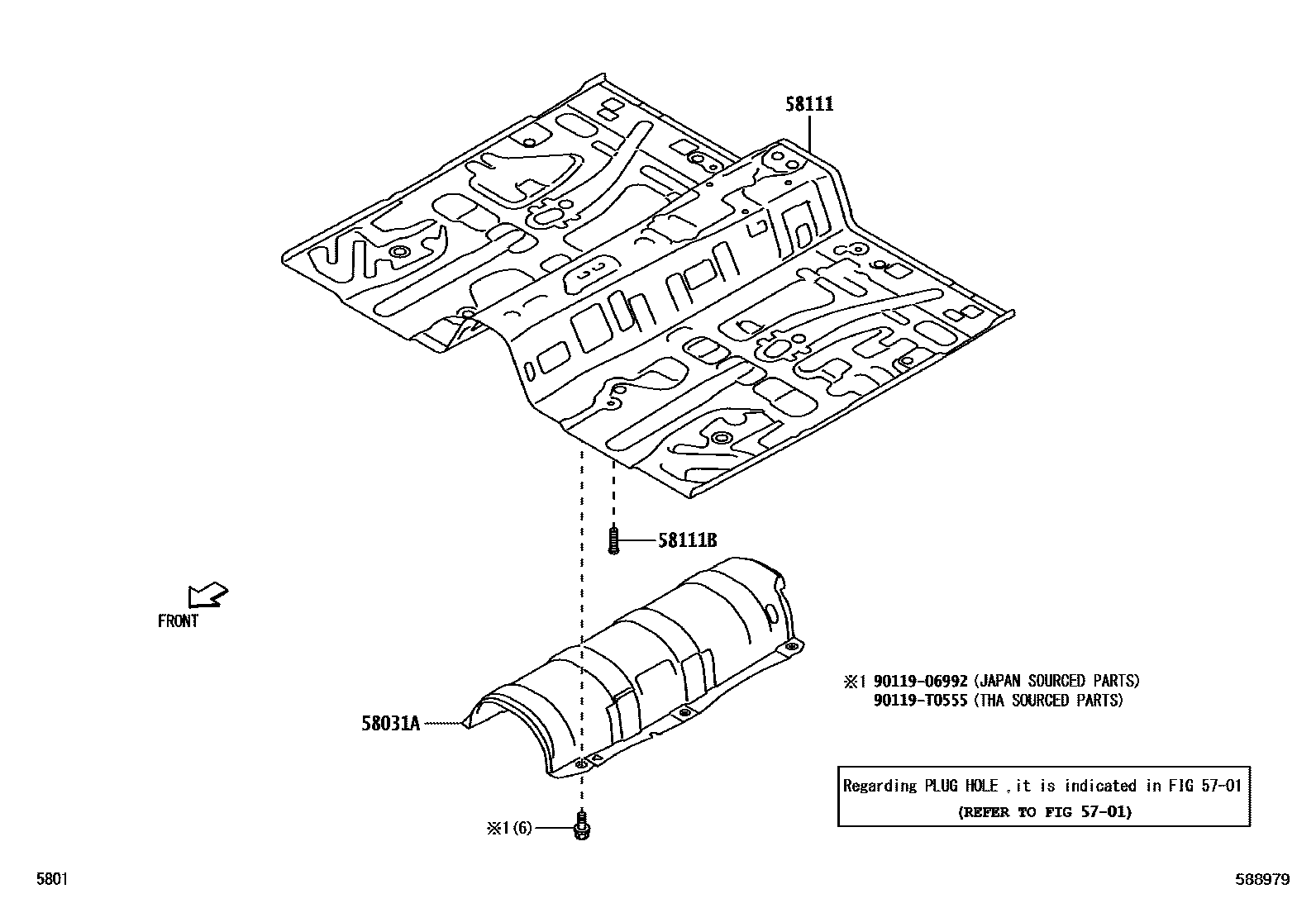 Toyota YARIS 浅盘形地板和车身下背板 EPC diagram — 588979