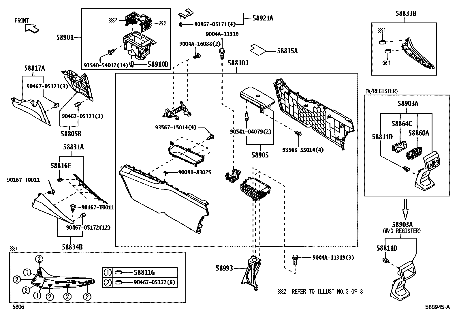 Toyota YARIS 中央扶手箱和支架 EPC diagram — 588945A