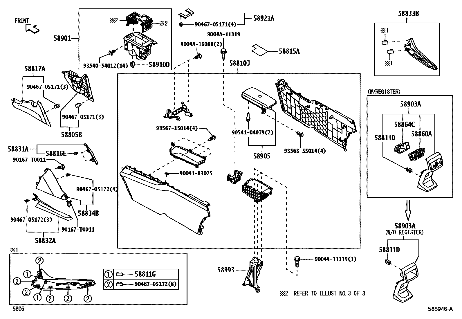Toyota YARIS 中央扶手箱和支架 EPC diagram — 588946A