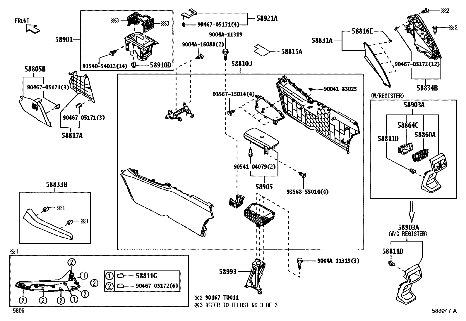 Toyota YARIS 中央扶手箱和支架 EPC diagram — 588947A