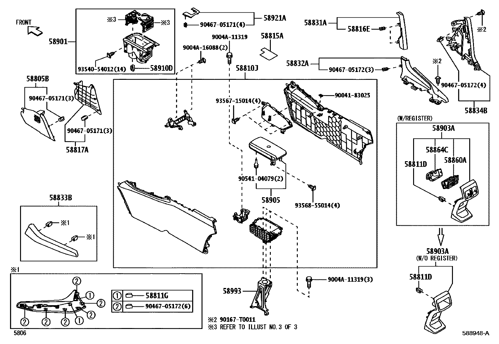 Toyota YARIS 中央扶手箱和支架 EPC diagram — 588948A