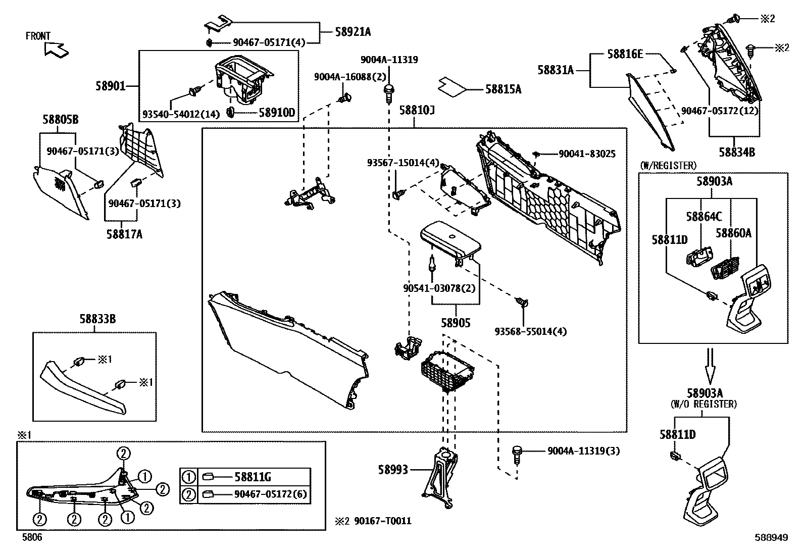 Toyota YARIS 中央扶手箱和支架 EPC diagram — 588949