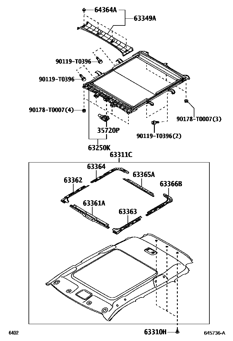 Toyota YARIS 车顶内衬和消声垫 EPC diagram — 645736A