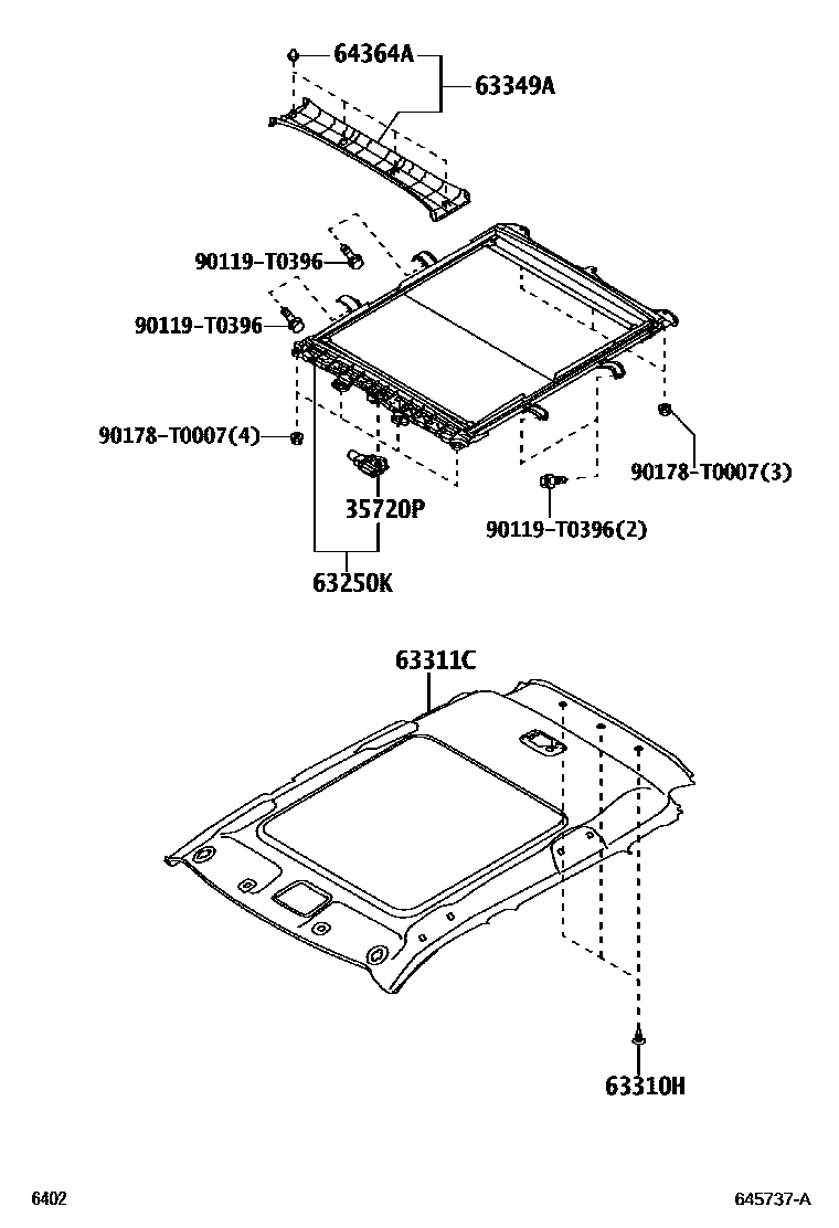 Toyota YARIS 车顶内衬和消声垫 EPC diagram — 645737A
