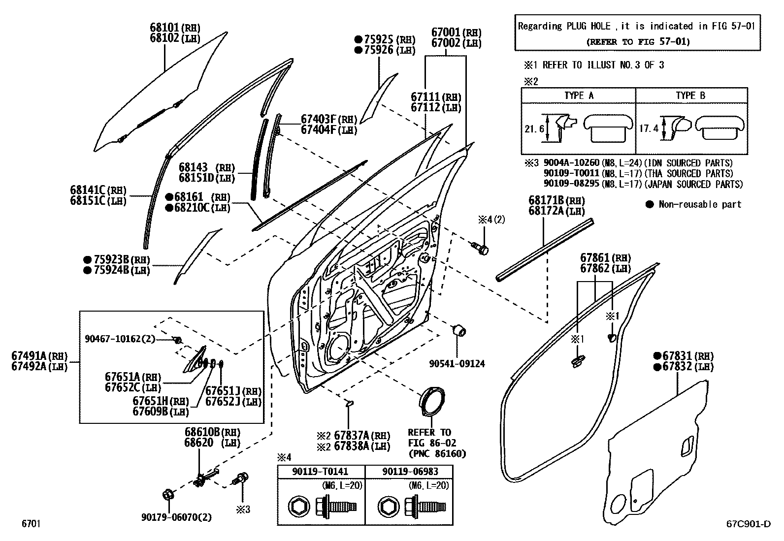 Toyota YARIS 前门板和前门玻璃 EPC diagram — 67C901D