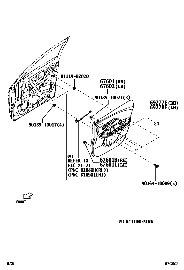 Toyota YARIS 前门板和前门玻璃 EPC diagram — 67C902
