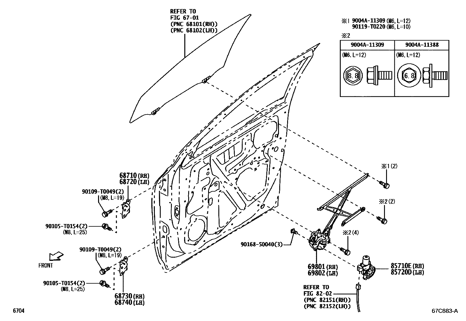 Toyota YARIS 前门车窗升降器和合页 EPC diagram — 67C883A