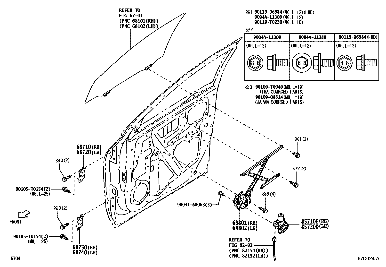 Toyota YARIS 前门车窗升降器和合页 EPC diagram — 67D024A