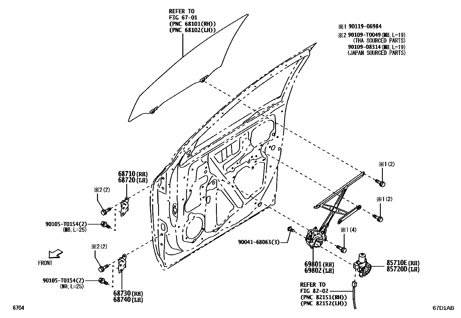 Toyota YARIS 前门车窗升降器和合页 EPC diagram — 67D1AB