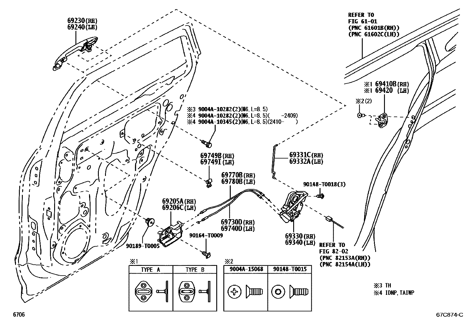 Toyota YARIS 后门锁和后门把手 EPC diagram — 67C874C