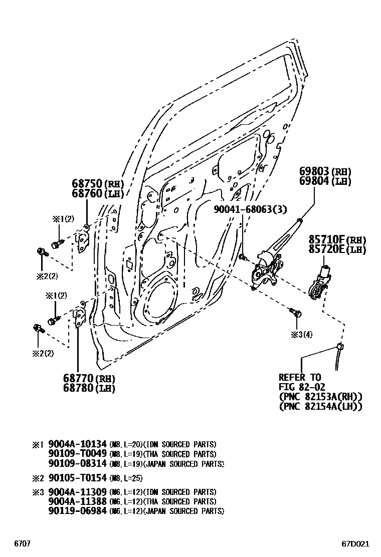 Toyota YARIS 后门车窗升降器和合页 EPC diagram — 67D021