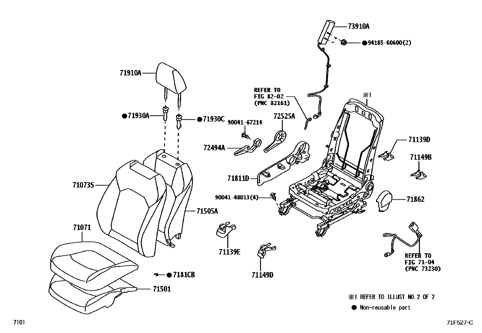 Toyota YARIS 前排座椅和座椅滑轨 EPC diagram — 71F527C